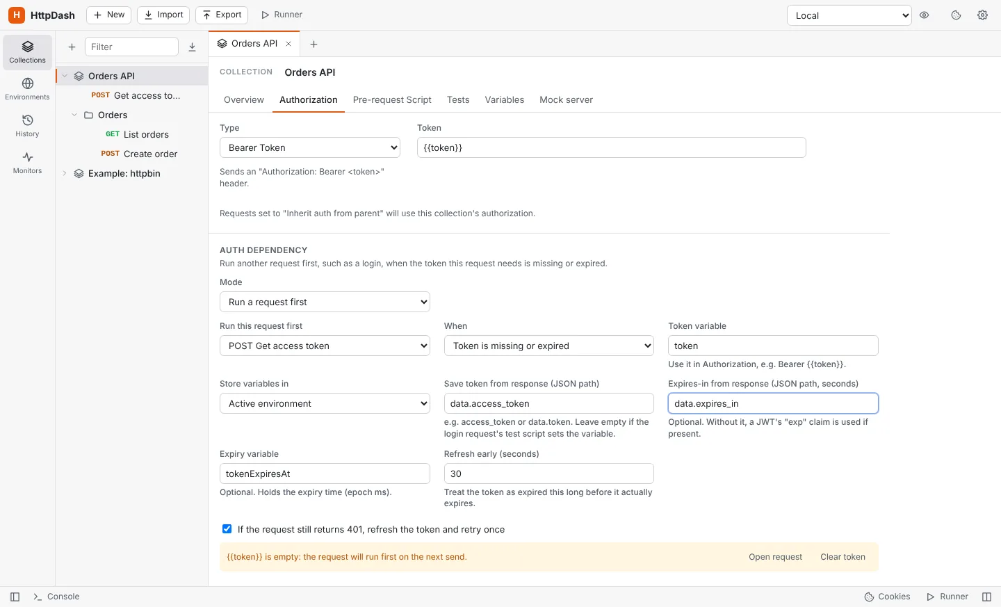 Auth dependency settings: run Get access token first when the token is missing or expired, save the token from data.access_token.