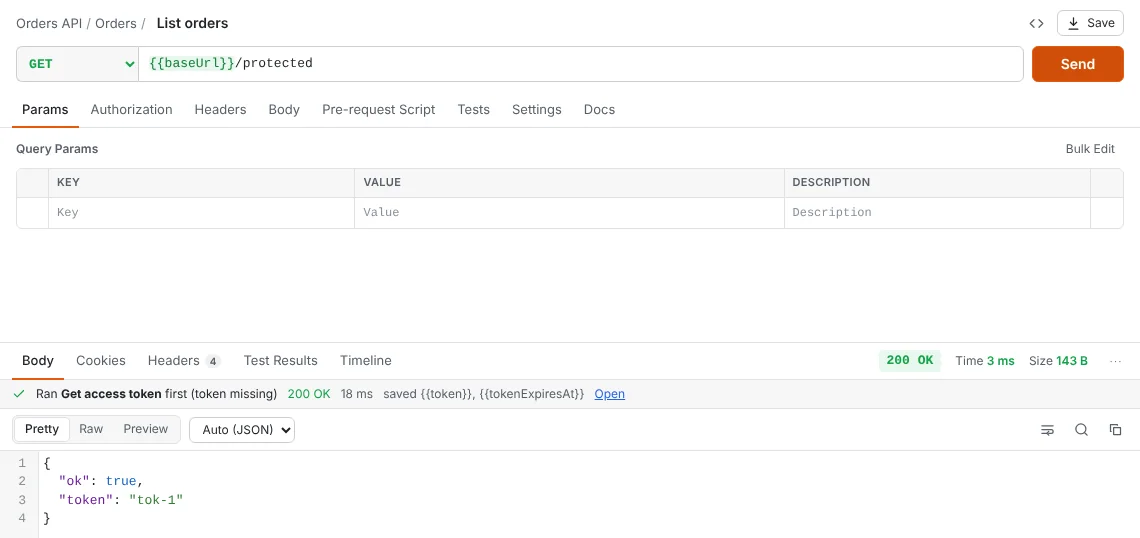 HttpDash sending a request. A banner reads: Ran Get access token first (token missing), 200 OK, saved token.