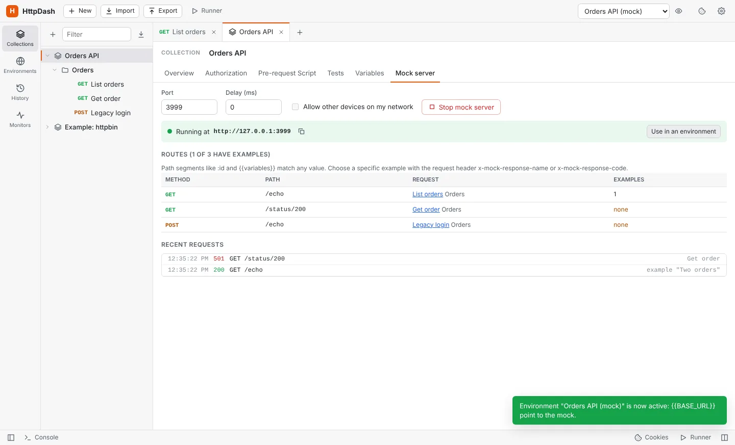 Mock server running on port 3999 with its routes and recent requests.